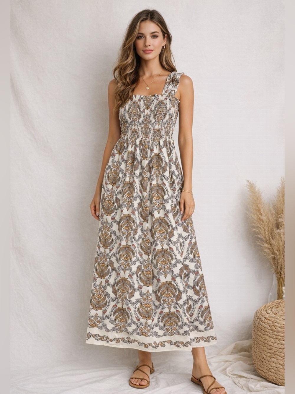 Max Studio Boho Paisley Tie Strap Smocked Bodice Maxi Dress Size Large